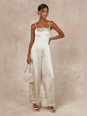 Lulu's Satin Wide-Leg Jumpsuit in Ivory Retro Wedding